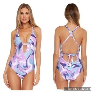 Becca by Rebecca Virtue Blue Agate Skylar Braided Plunge One-Piece Sz S